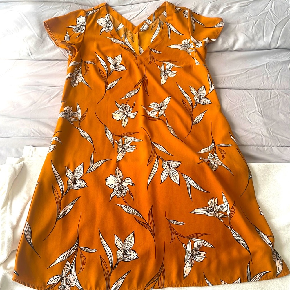 A New Day Orange Floral Midi V Neck Dress